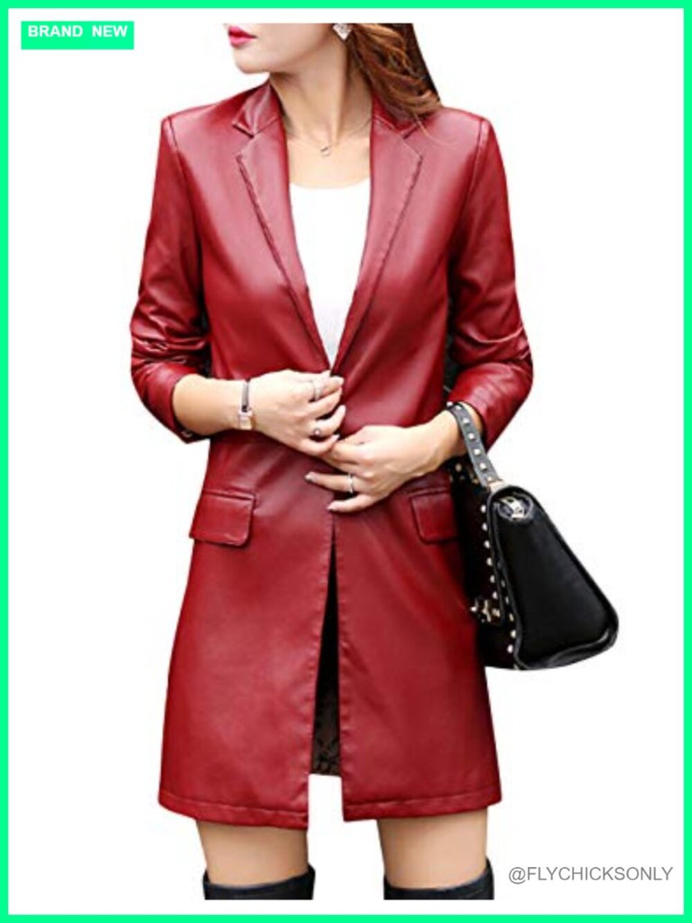 PU Faux Leather Trench Coat Long Suit Jacket Lapel Outerwear
